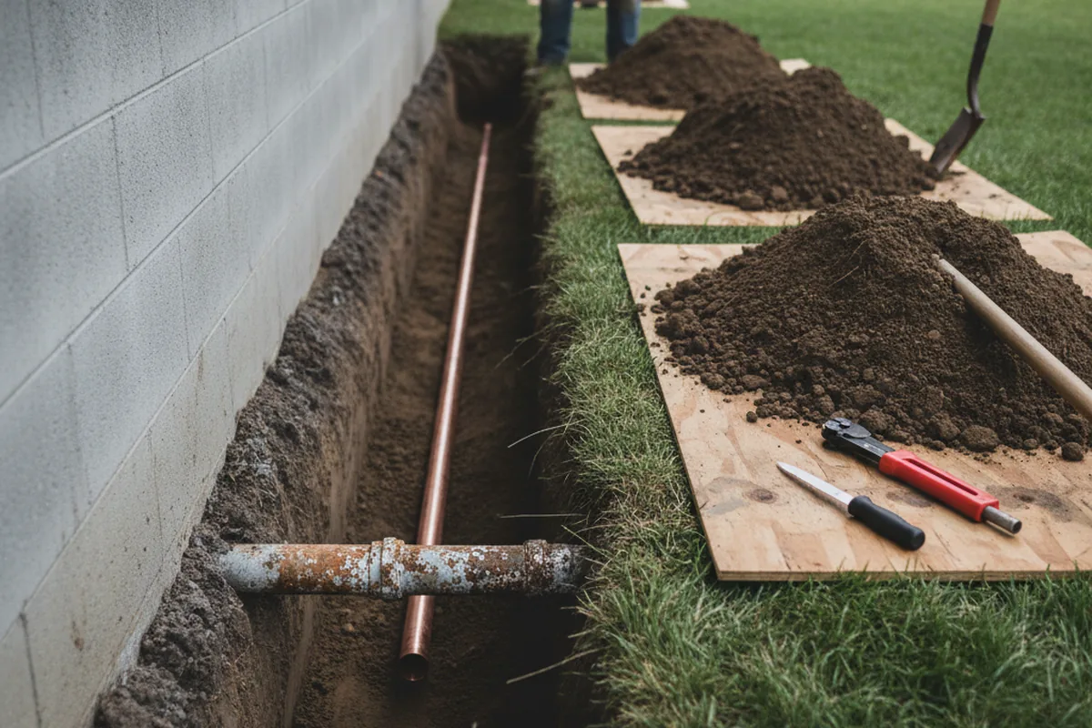 Excavated water line trench during Sewer Line Repair in Suffield